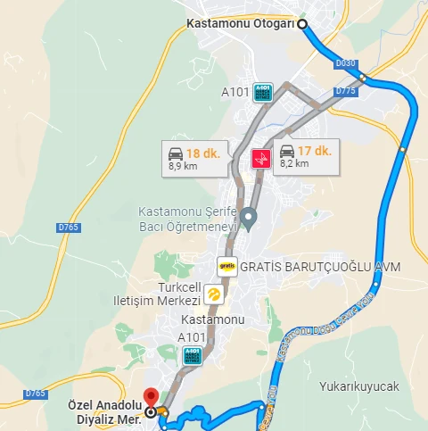 Kastamonu Otogarı ile diyaliz merkezi ulaşım güzergâhı